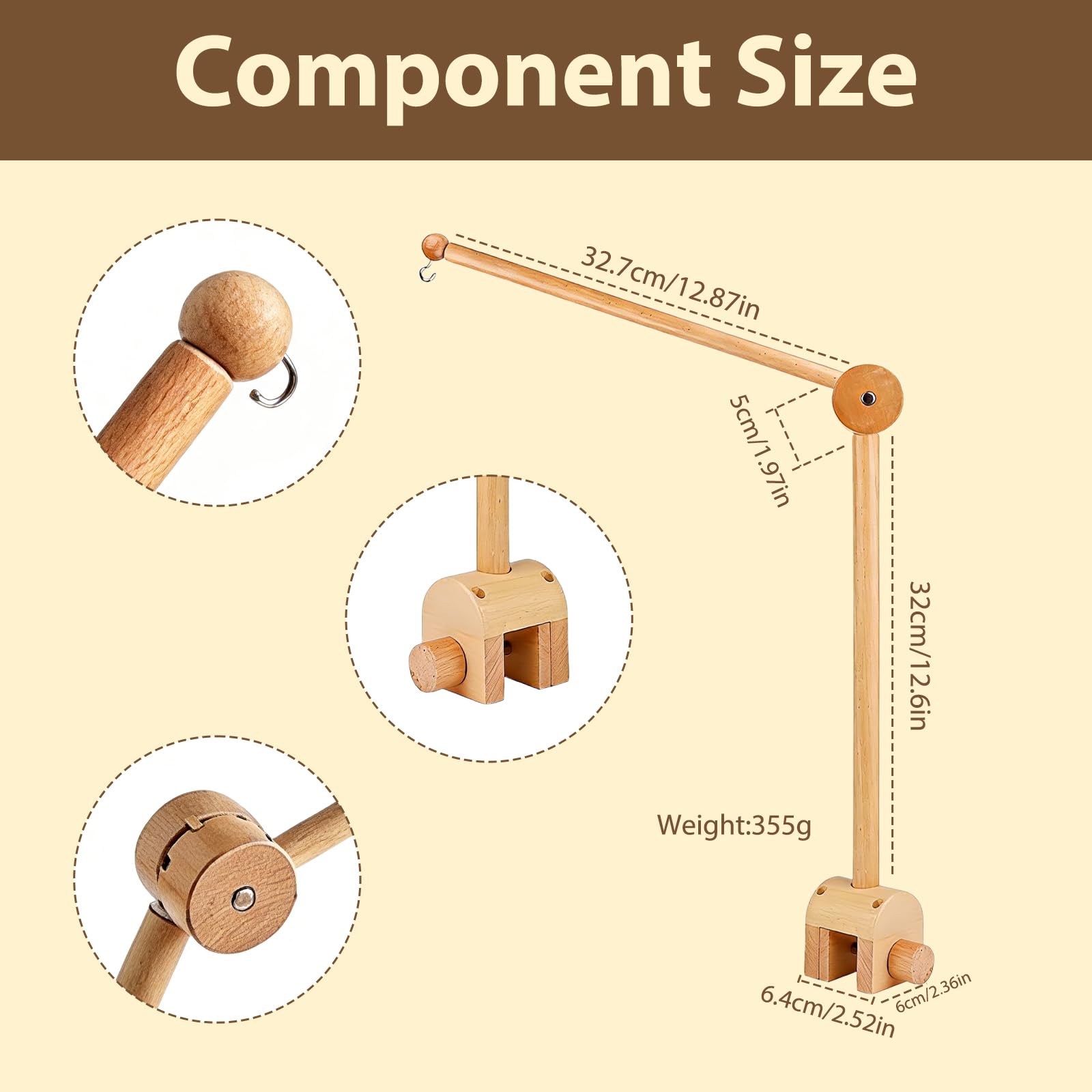Soporte Móvil para Cuna de Bebé, Soporte de Madera Ajustable para Colgar, Brazo Extraíble 360° Rotación, Ideal Campanas de Viento, Juguetes y Decoración Habitación Infantil