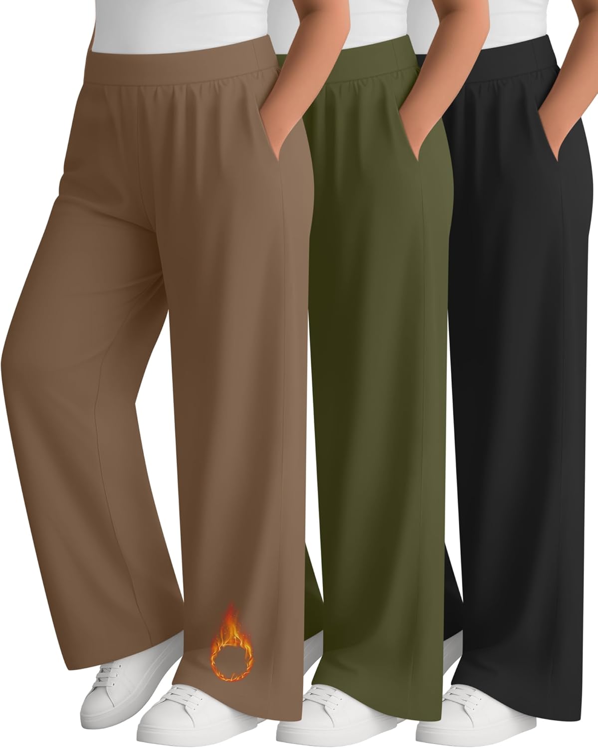 3 Pack Women's Plus Size Fleece Sweatpants Wide Leg Thermal Lounge Pants Pockets El...