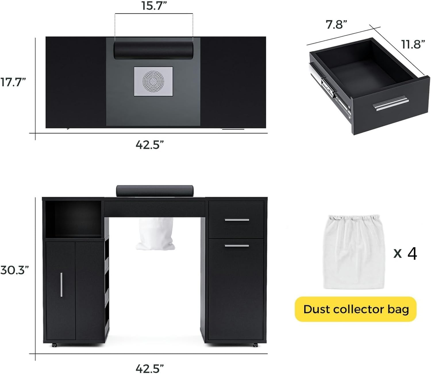 Manicure Table Nail Desk for Nail Tech with Glass Top & Wrist Rest, Acetone Resistant Station with 4 Dust Bags, Beauty Salon Workstation with Drawers Storage Cabinets, Black