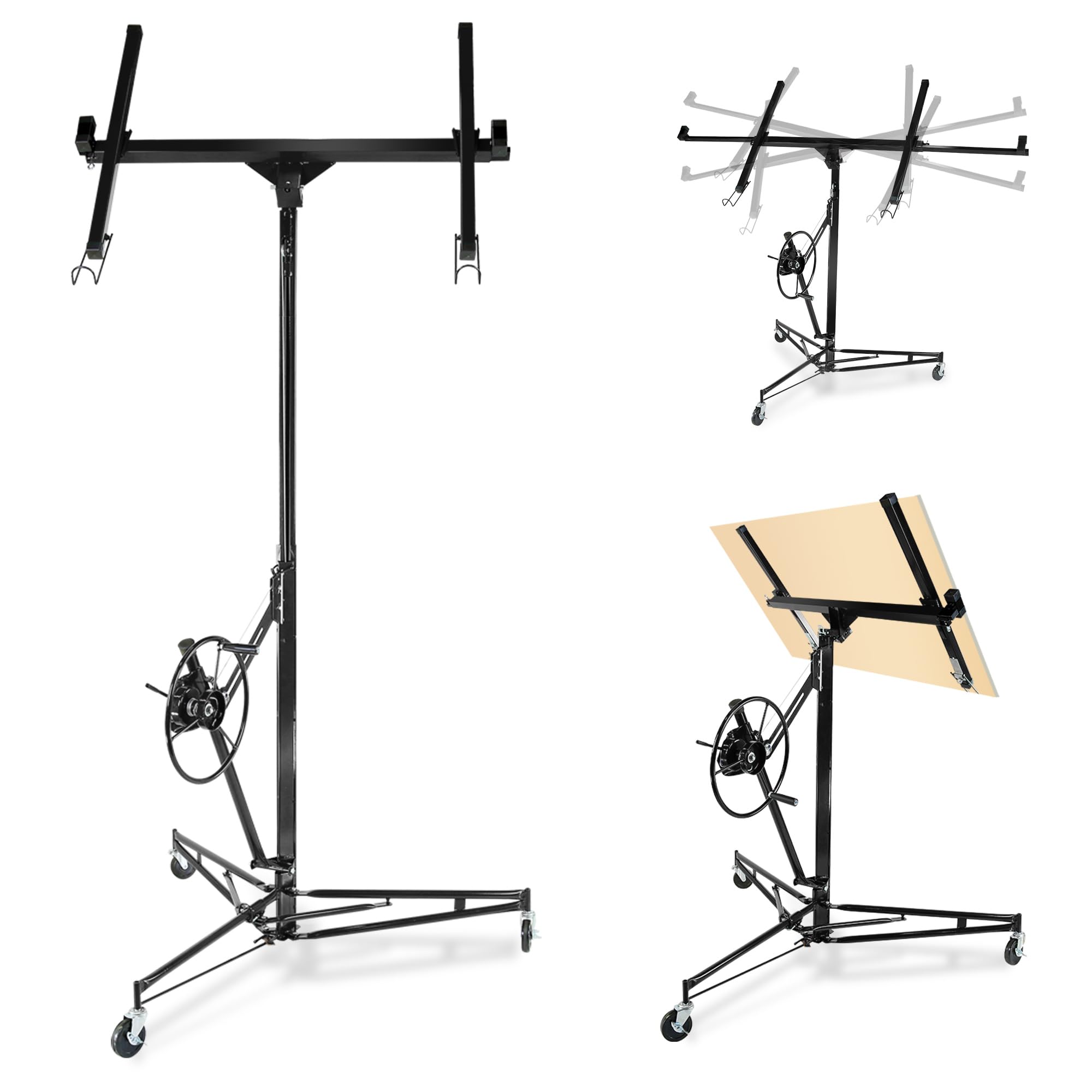 Drywall Lift 16FT, 150lb Capacity Heavy Duty Sheetrock Hoist w/Telescopic Arm & Locking Wheels, Steel Panel Lifter for Ceiling, Construction, One-Person Drywall Installation