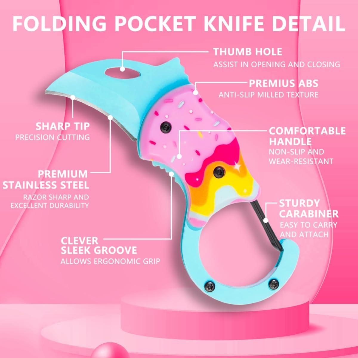 Pink Donut Pocket Knife for Women Self Defense,Cute Folding Knife Box Cutter with 1.38inch Sharp Blade Everyday Carry Pocket Knives,Mini EDC Knifes Folding for Camping Utility Knives Keychain