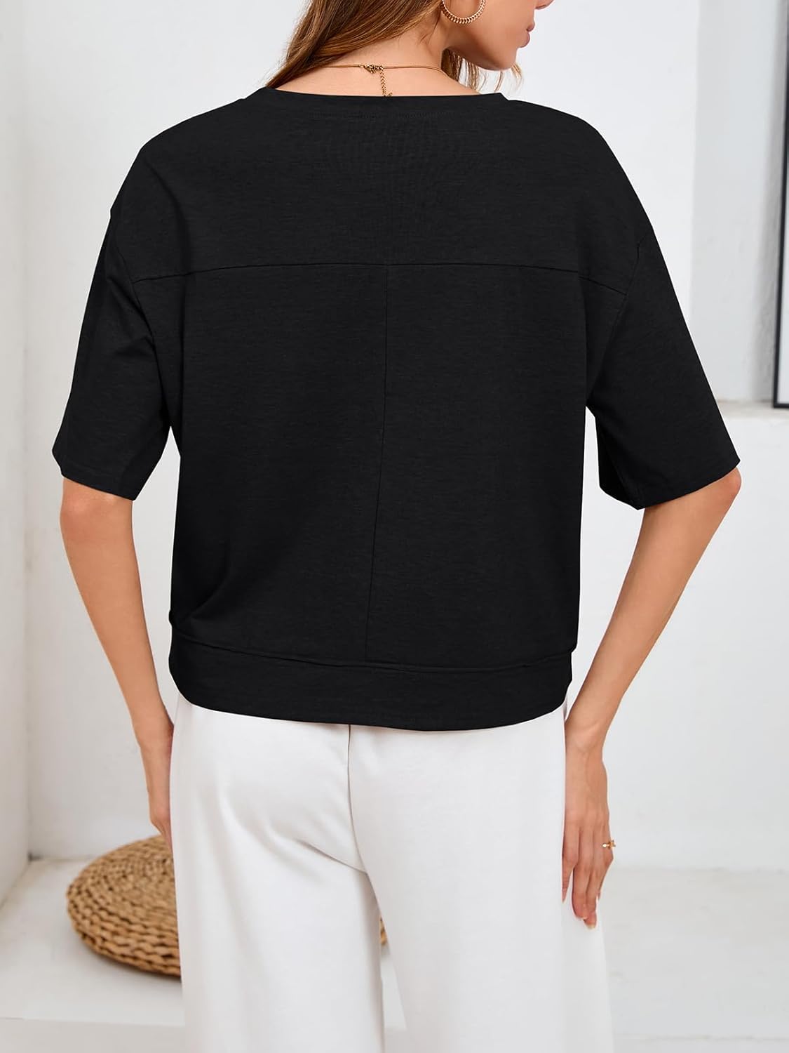 UNCLECAT Womens Short Sleeve Cropped T Shirts Crew Neck Trendy Tops Casual Solid Loose Fit Basic Tees - Image 2