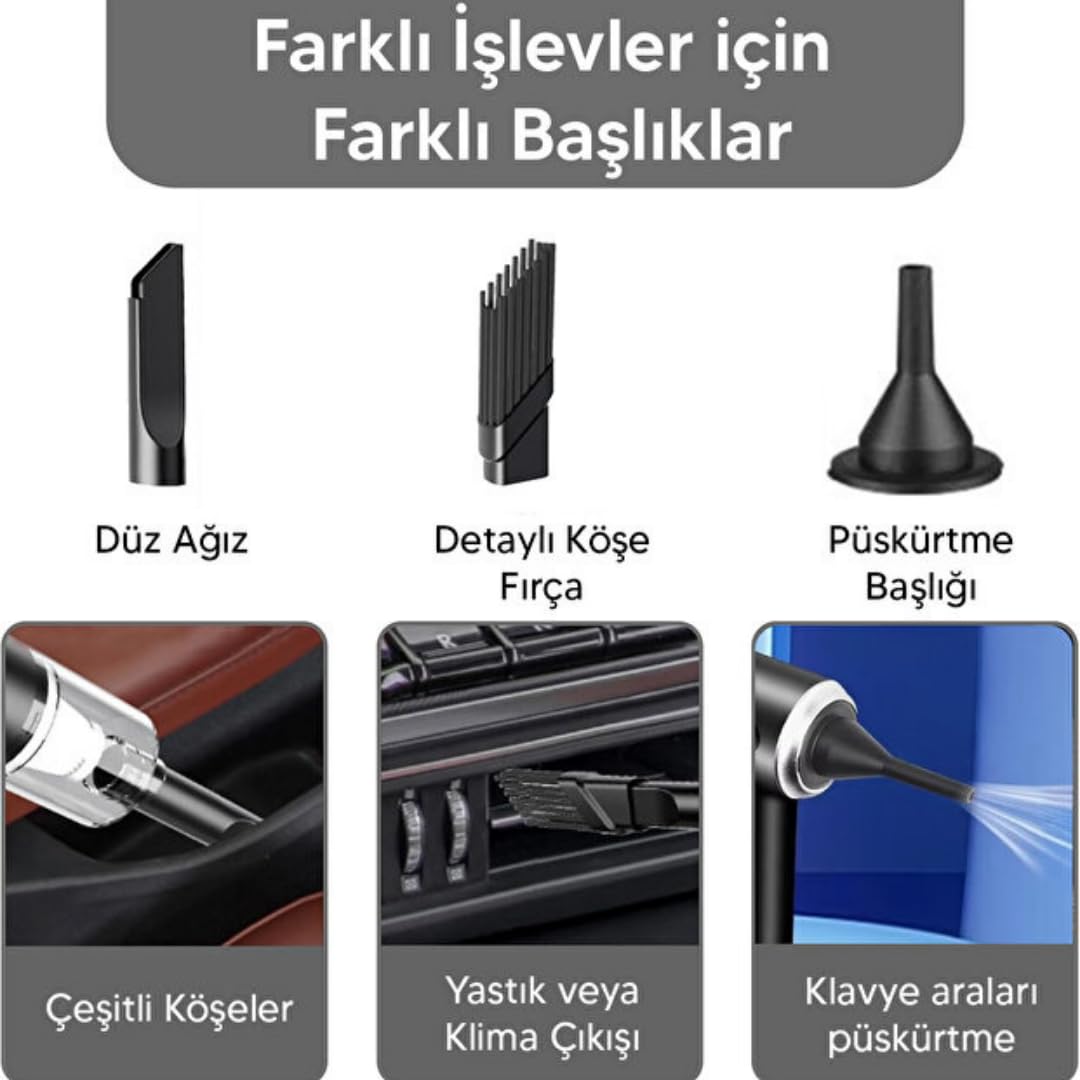 Araç Oto Süpürgesi Şarjlı 120W 6.000Pa – Üfleme Özellikli Mini El Süpürgesi Oto Ofis Klavye Kasa Vakum Şişirme Seti