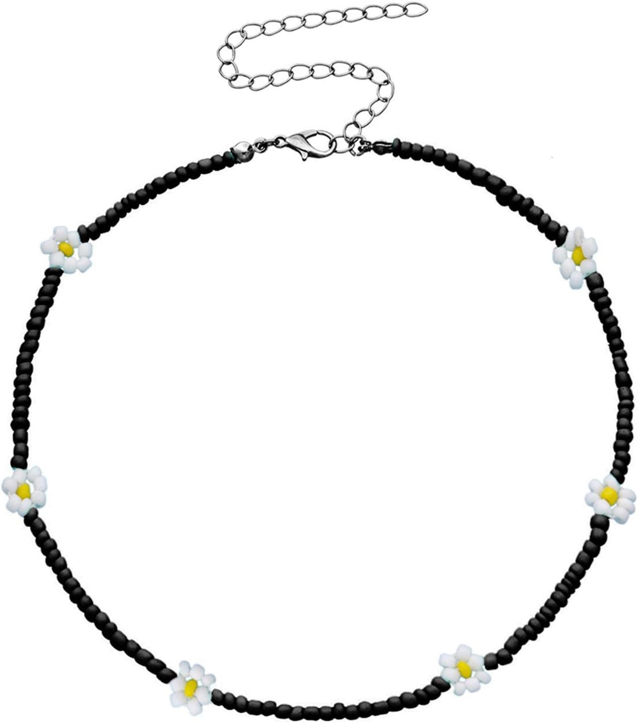 Colorful Sunflowers Beaded Choker Bohemian Daisy Flowers Necklace Handmade Summer Boho Resin Seeds Beads Collar Clavicle Choker Necklaces for Women Vacation Jewelry