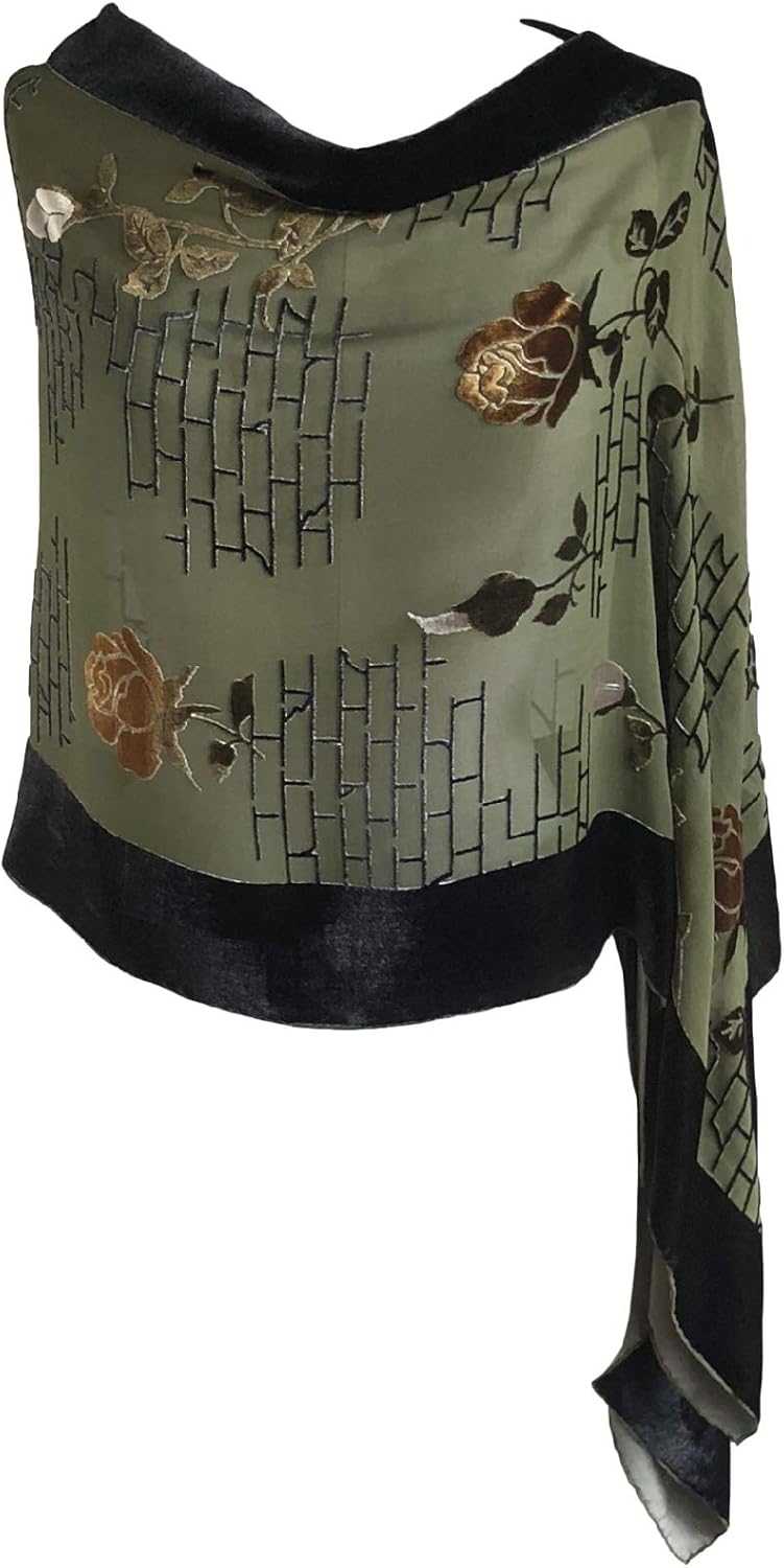 Silk Base Burn-out Velvet Shawl, 72" L x 21" W, Rose & Wall, Mult.Green