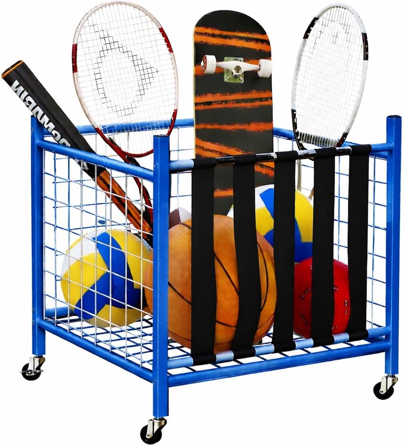 58614 Space saving Gym equipment storage Organizer, Basketball / football Storage Rack Indoor/Outdoor Rolling Ball Cart with Baskets and Wheels - Blue