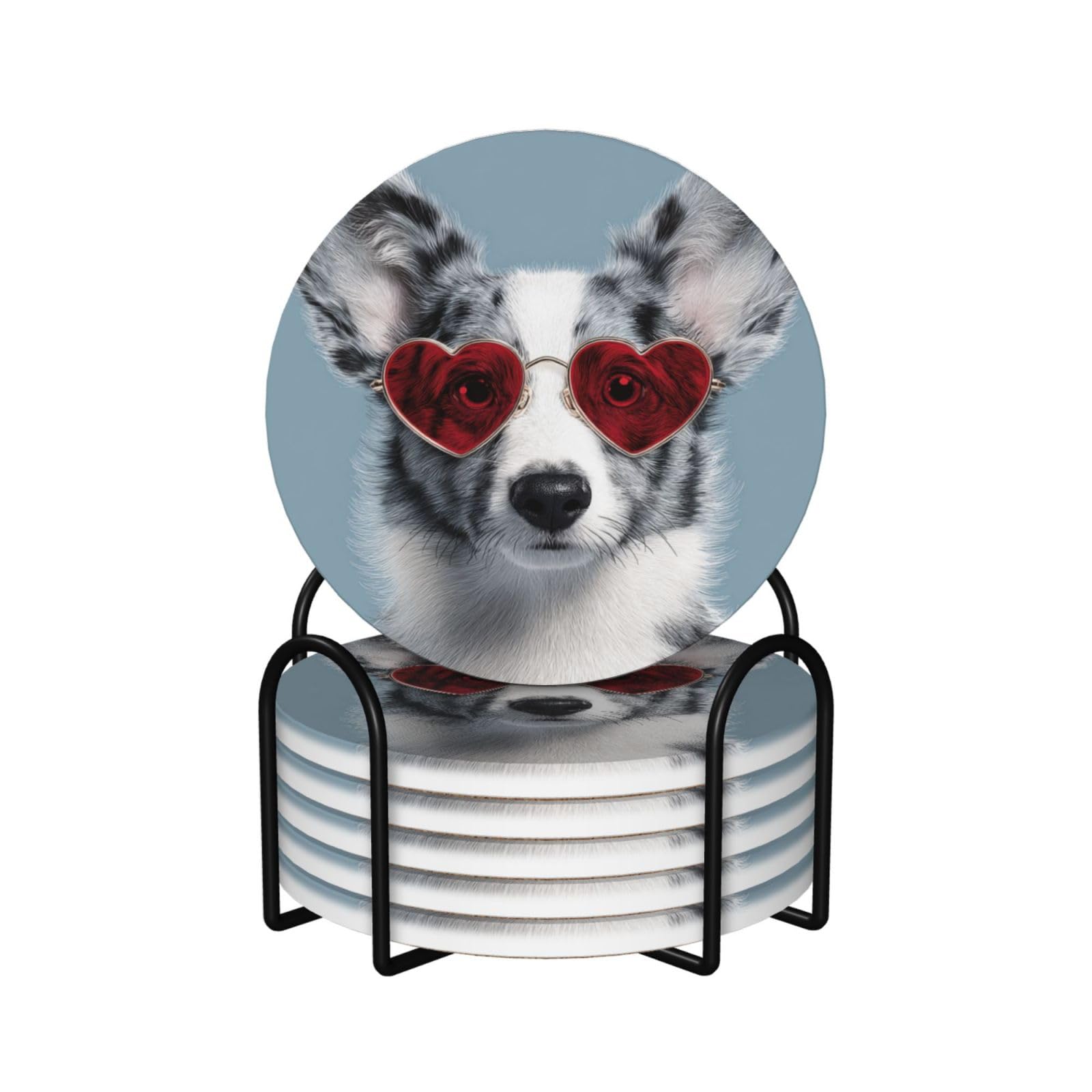 Cute Cool Dog Wearing Red Heart Sunglasses Ceramic Coasters with Holder 6ps