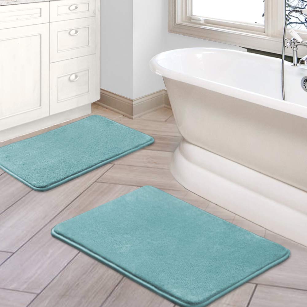H.VERSAILTEX Bath Mat Memory Foam Set Bathroom Rug Set Flannel Velvety Bath Mat Luxury Extra Soft and Absorbent Non Slip Rugs for Bathroom/Bedroom Washable(2 Pack- 20"x 32"/ 17"x 24", Eggshell Blue)OEKO-TEX STANDARD 100