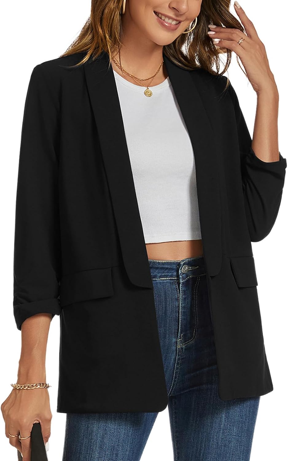 Blazer for Women 3/4 Ruched Sleeve Suit Jacket Open Front Shawl Collar Casual Work Office Blazers with Pockets - Image 4