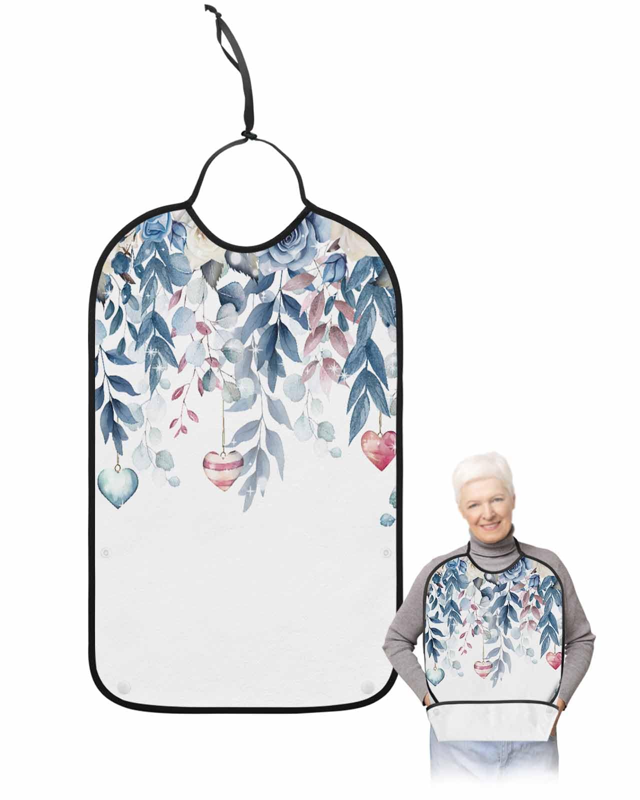 LEOKOTI Blue Botanical Valentines Adult Bibs for Eating, Waterproof Bibs with Food Catcher & Adjustable Snap Closure, Love Heart Spring Floral Washable Clothing Protectors Adult Bibs for Elderly
