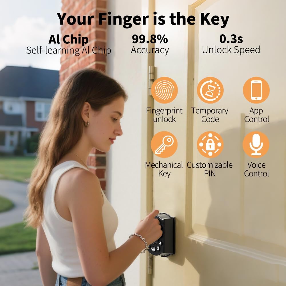 Smart Keyless Entry Door Lock, Smart Locks for Front Door , Works with Apple Home, Alexa, Google, Siri, Auto Unlock, keypad deadbolt, WiFi, App Remote Control, Fingerprint Door Lock