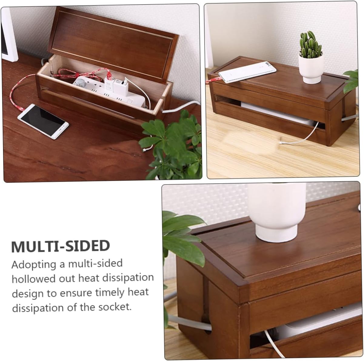 Lurrose Wooden Cable Storage Box Hub Design for Organizing Power Plugs and Wires Large Brown Wire Management Solution