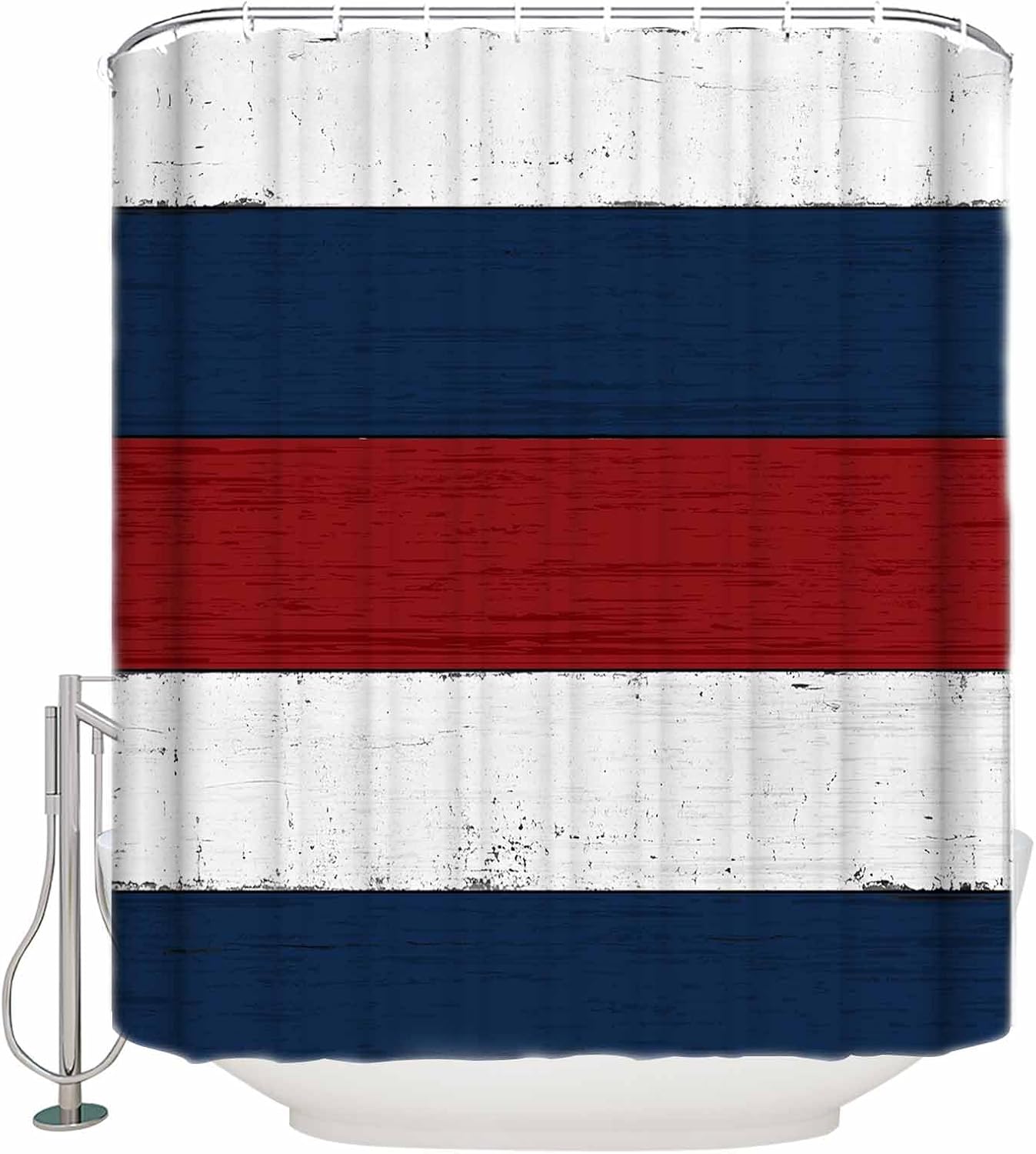 Navy Blue Red White Shower Curtain Set - Small 36" x 72" Washable Bathtub Curtain with 12 Hooks, Farmhouse Wooden Striped Waterproof Fabric Stall Shower Curtains for Bathroom/Bathtub Décor