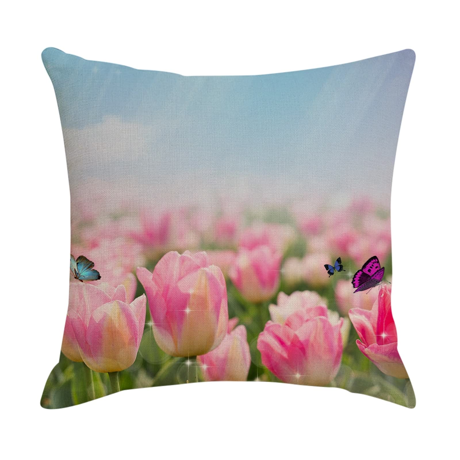 4 fundas de cojín de asiento de 50 x 50 cm, fundas de almohada decorativas de lino con patrón de tulipanes y mariposas rosas para sala de estar, sofá, dormitorio