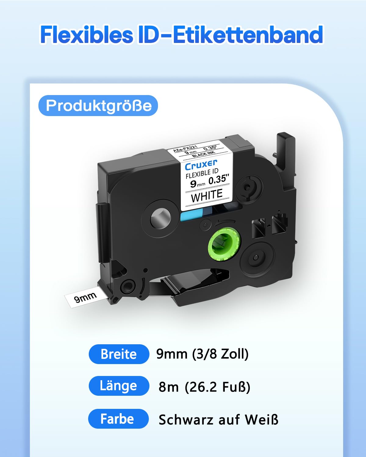 Cruxer 50er-Pack Kompatibel mit Ptouch TZeFX221 9 mm Schwarz auf Weiß | TZeFX221 Flexible ID laminiertes Etikettenband Ersatz für Ptouch PT-H110 H100 H105 P300BT E110 D200 Etikettendrucker