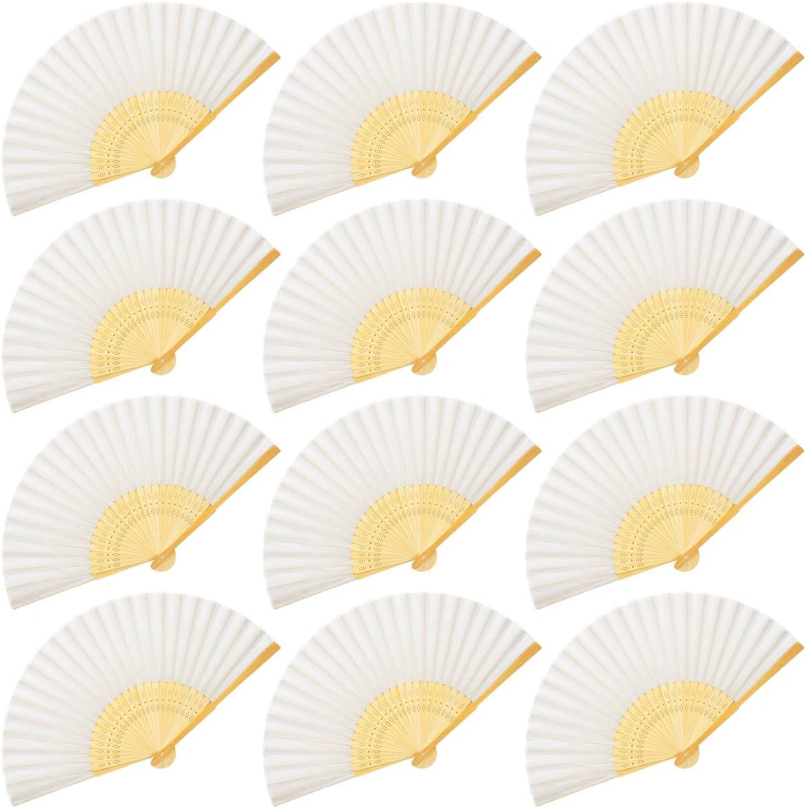 OMyTeaFolding Hand Held Fans for Women - 12pcs Chinese Japanese Handheld Silk Bamboo Fans - for Wedding Guests, DIY Decoration, Performance, Dancing, Church, Party Favors, Festivals Gifts (White)