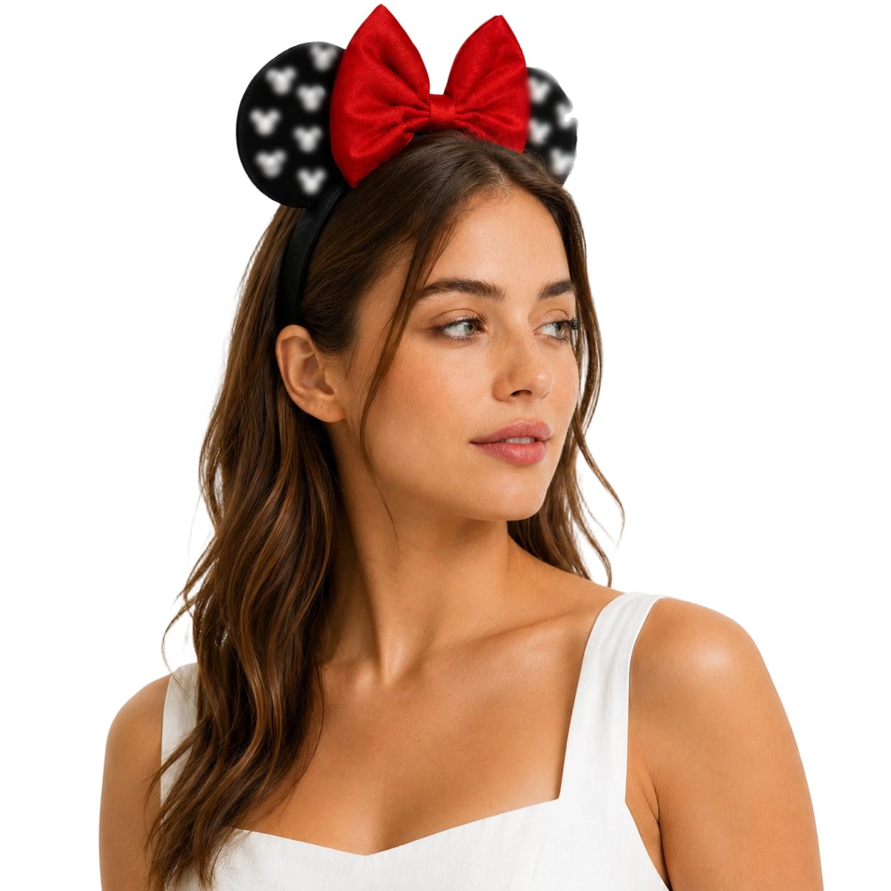 Velvet Mouse Ears Headband with Beads, Red Hair Bow Hairband with Pearls, Party Decoration Headwear Hair Accessories for Women Girls