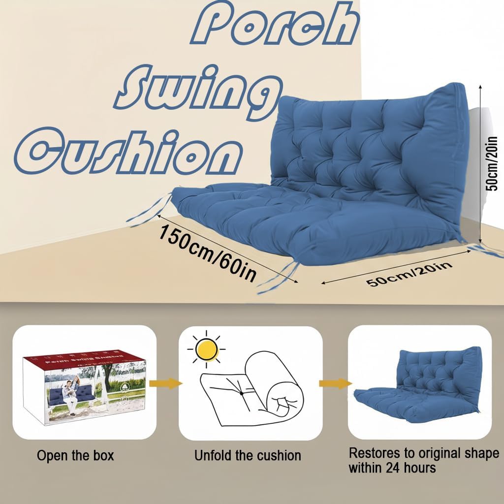 Porch Swing Cushions 3 Seater Replacement with Backrest, 60 inch Waterproof Outdoor Swing Cushion for 2-3 Seat, Thickened Universal Bench with Non-Slip Ties for Patio, Garden (navy blue, 60x40inche)