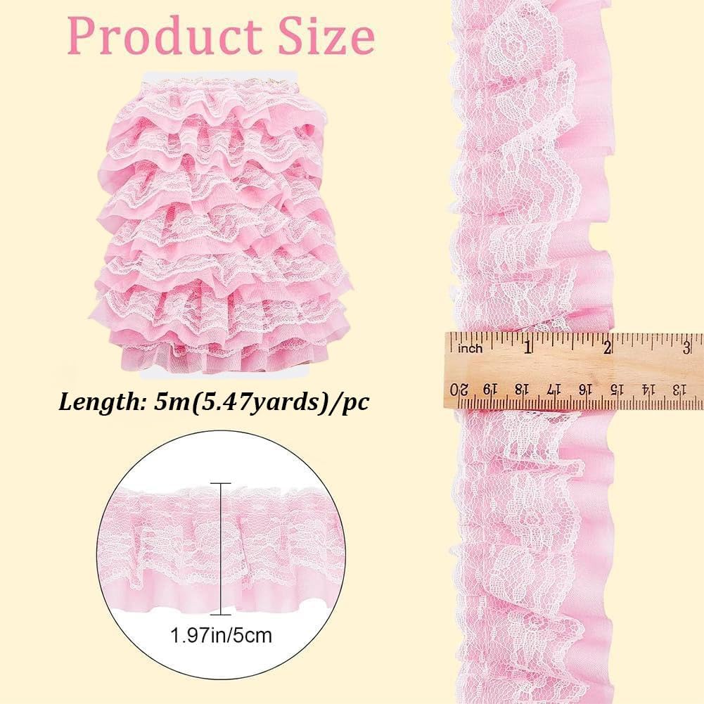 GORGECRAFT 2 Inch Double Layer Chiffon Lace Edge Trim 5.5 Yards Pink Pleated Gathered Organza Tulle Fabric Ruffles Lace Edging Trimmings Ribbon for Sewing DIY Crafts Costumes Wedding