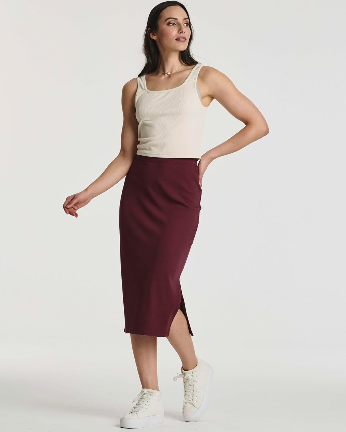 Real Essentials 3 Pack: Women's Midi Ribbed Knit Skirt with Side Slit - Stretchy Work Business Casual Pencil Pull-On Skirts - Image 6