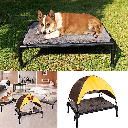 Hundeliege Outdoor mit UV- beständiges Dach, Hundebett Klappbar mit Hundedecke, Hundezelt Outdoor mit Schatten, Kühlendes Erhöhtes Hunde Bett Sonnenschutz für Camping, Garten & Pool (Gelb)-8