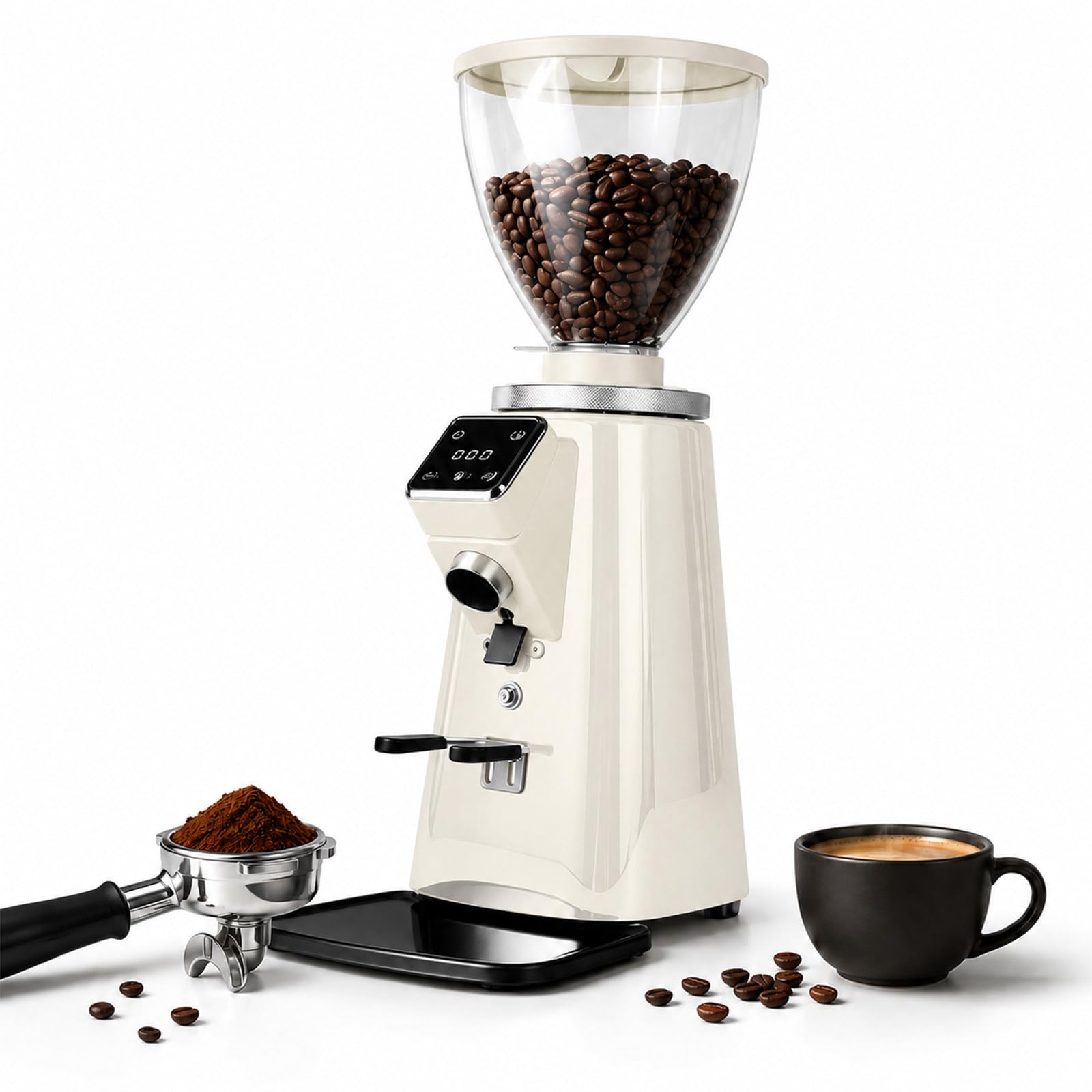 Molinillo de Café de Muelas Planas Eléctrico,Molinillo de Café Ajustable White | Cuerpo Totalmente Metálico de Acero Inoxidable, Molinillo de Café en Grano con Temporizador Electrónico Ajustable