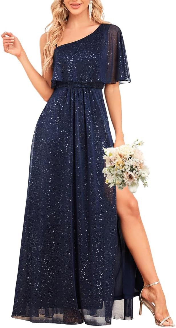 One Shoulder Formal Dresses for Women Long Sparkly A Line Split Evening Gowns Wedding Guest Dress