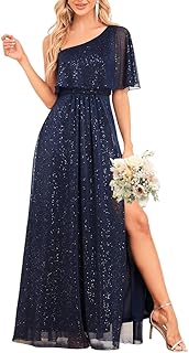 Women's Formal Evening Gowns Dress Long Glitter One Shoulder Elegant Sparkly A Line Split Wedding Guest Dresses