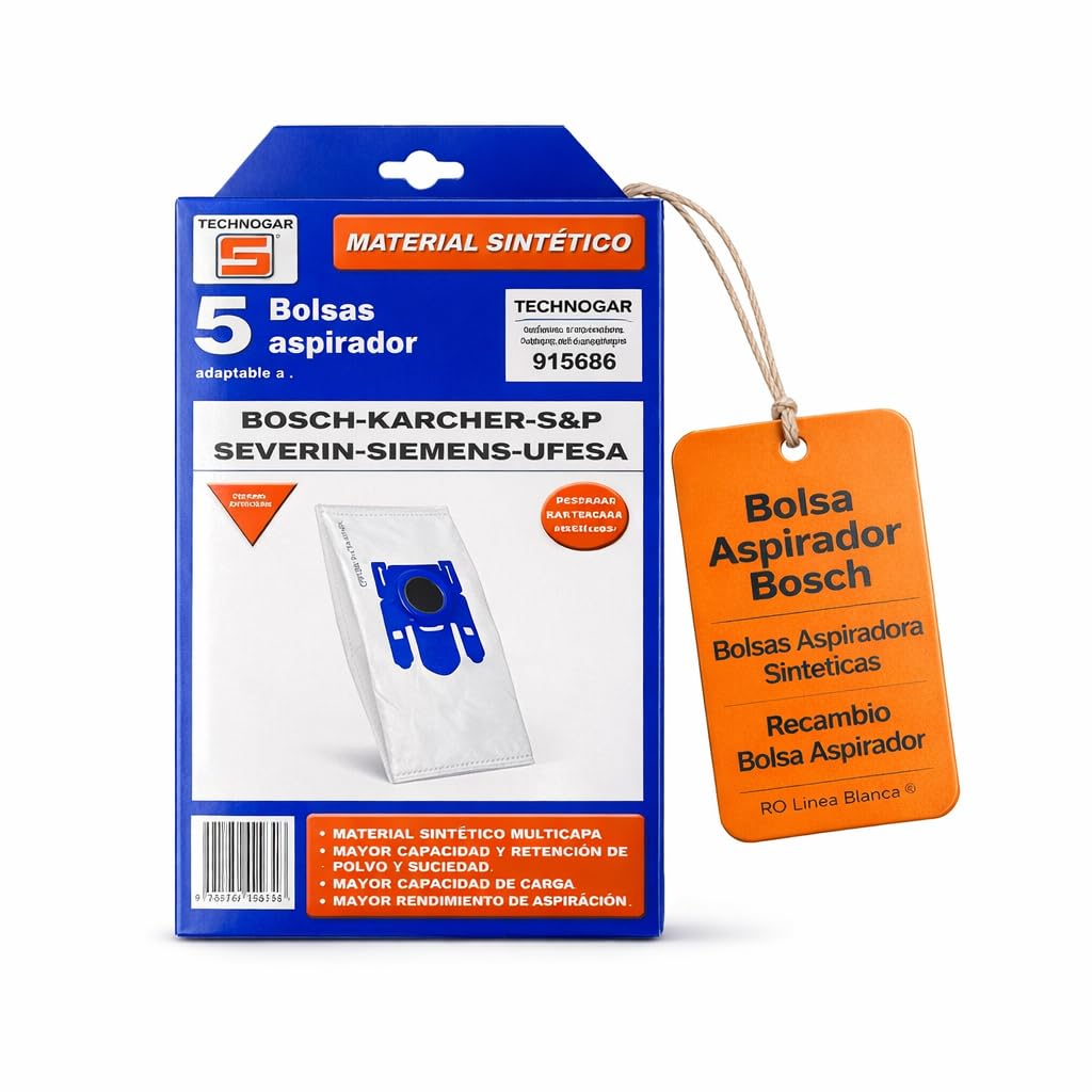 RO Linea Blanca ® Bolsas Aspirador Sinteticas 915686 Pack 5 Filtracion Antiacaros Recambio Compatible Con Bosch Compatible Con Siemens Compatible Con Ufesa BSG41800 BSGL2 Compact11 Hogar Taller Plus