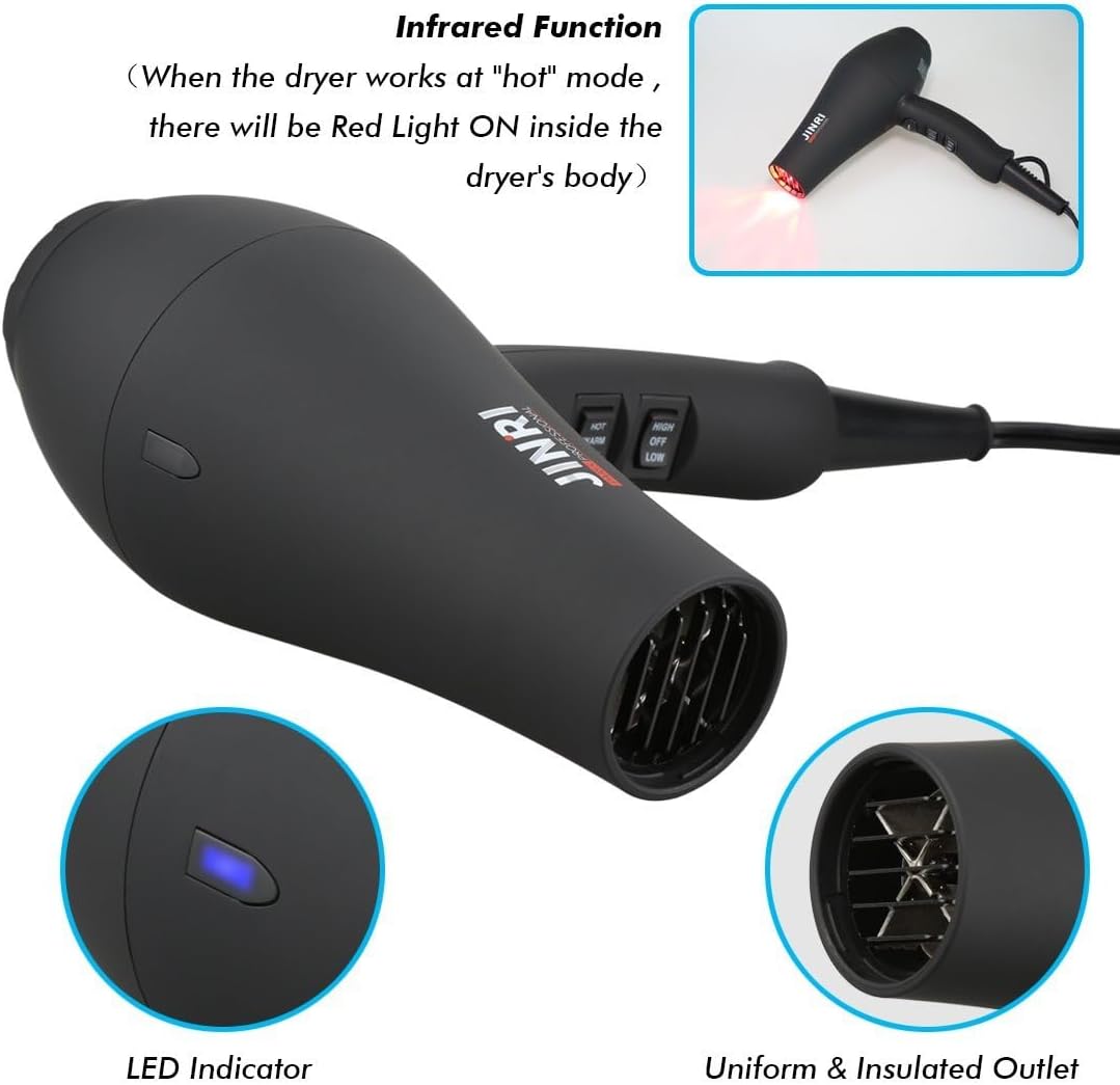 JINRI Hair Dryer, 1875W, 3 Heat & 2 Speed, with Diffuser, with Concentrator, Ionic Technology & Infrared - Black, Detachable Air Intake, Hanging Strap, Non-Foldable, 220V-240V, JINRI-104 - Image 2