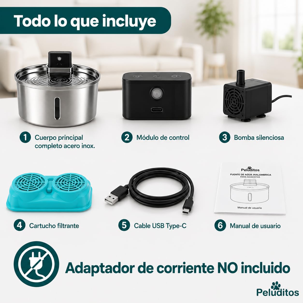 Peluditos SUS304 - Fontana per gatti in acciaio inox, 2,5 l, senza cavo, ricaricabile, 4200 mAh, con sensore di movimento, fontana d'acqua per gatti e cani, ultra silenziosa