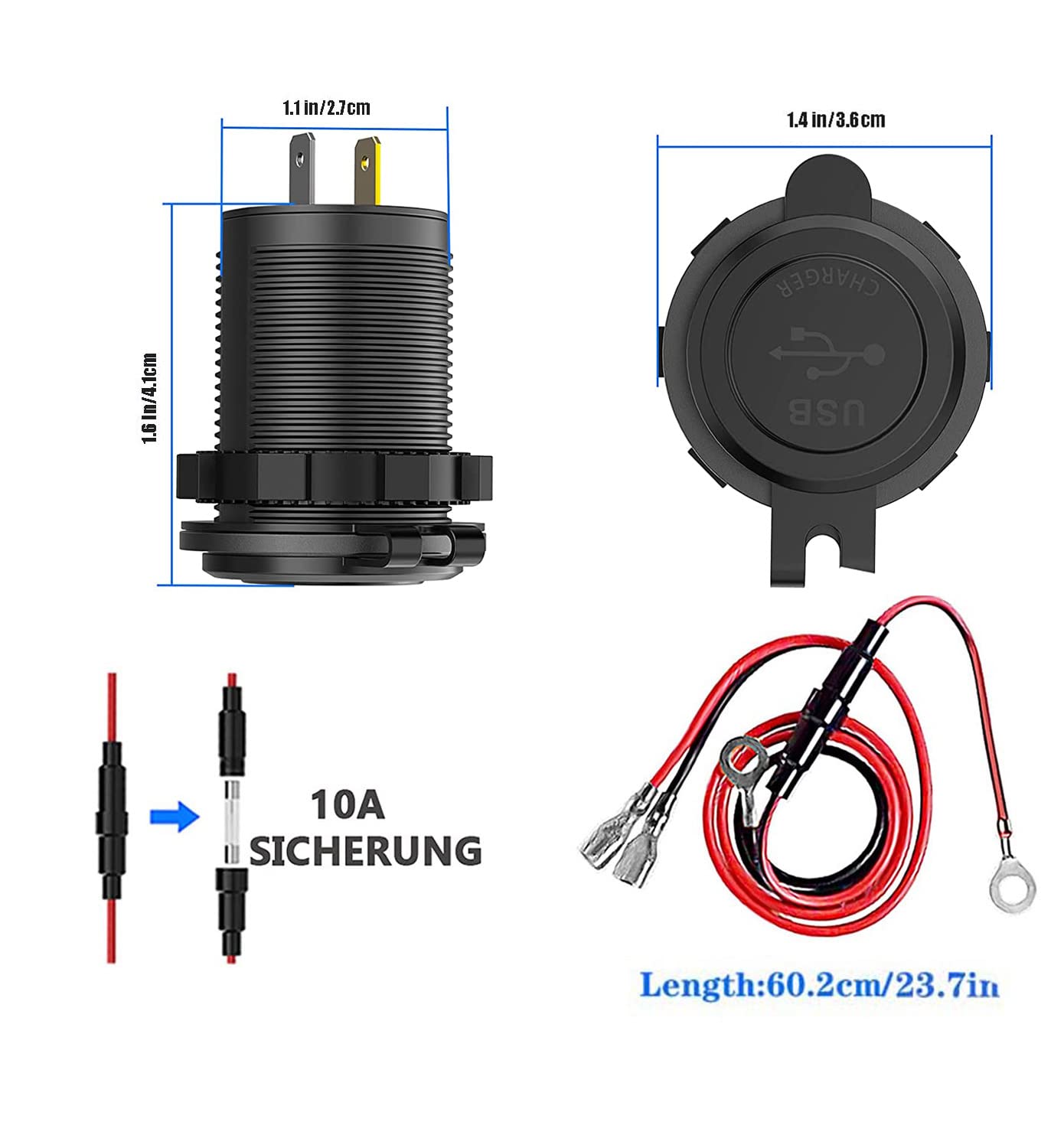 (2 Pezzi) Intckwan Caricabatteria da auto USB a 2 porte, QC 3.0 36W Ricarica rapida con interruttore e Blu LED, impermeabile e antipolvere per 12V~24V Auto Barca Moto SUV Bus Camion Caravan