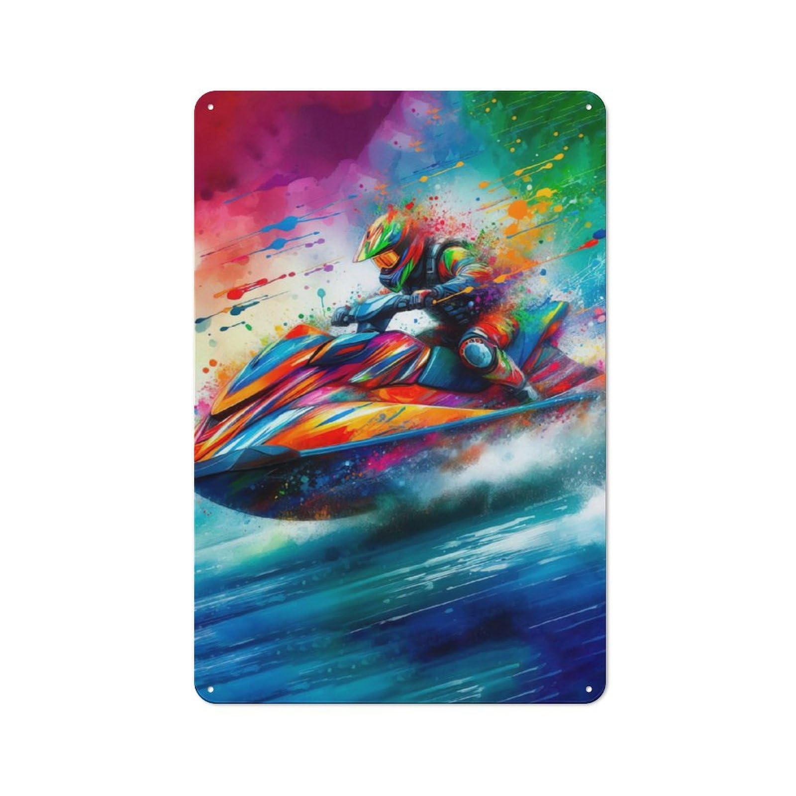 Junmoney Jet Ski Watercolor Art Metal Plaque 30X20cm With For Hallway Wall, Rustic Decor, For Garage, Workshop And Man Cave Decoration