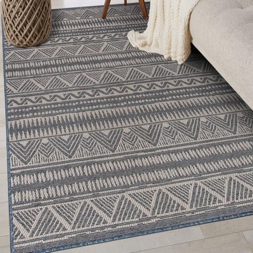 Rugshop Geometric Bohemian Indoor Outdoor Rug – Bohemian Area Rug/Outdoor Rug Deck Rugs, Non-Shedding Balcony Rugs, Boho Patio Rug, 5' x 7' Blue