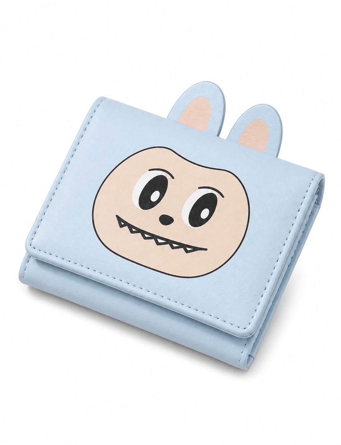 Women's Bunny Ears Mini Wallet | Cute Cartoon Face Trifold PU Leather Purse | Compact Card Holder with Coin Pocket, ID Window & Multiple Card Slots (Sky)-image-48