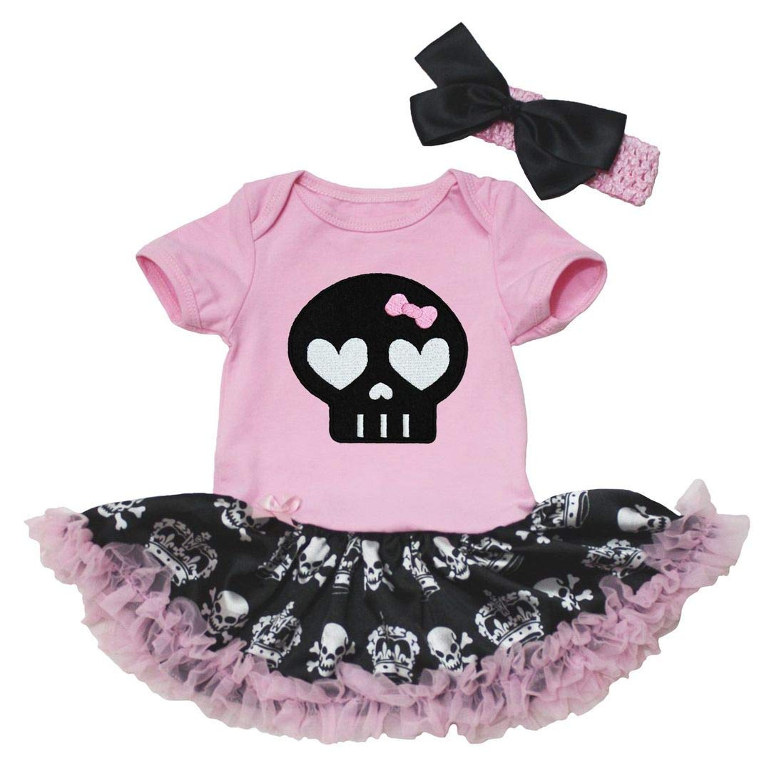 Petitebelle Pink/Black Crown Skull Black Skull Face Bodysuit Tutu Baby Dress Nb-18M (, 0-3 Months)
