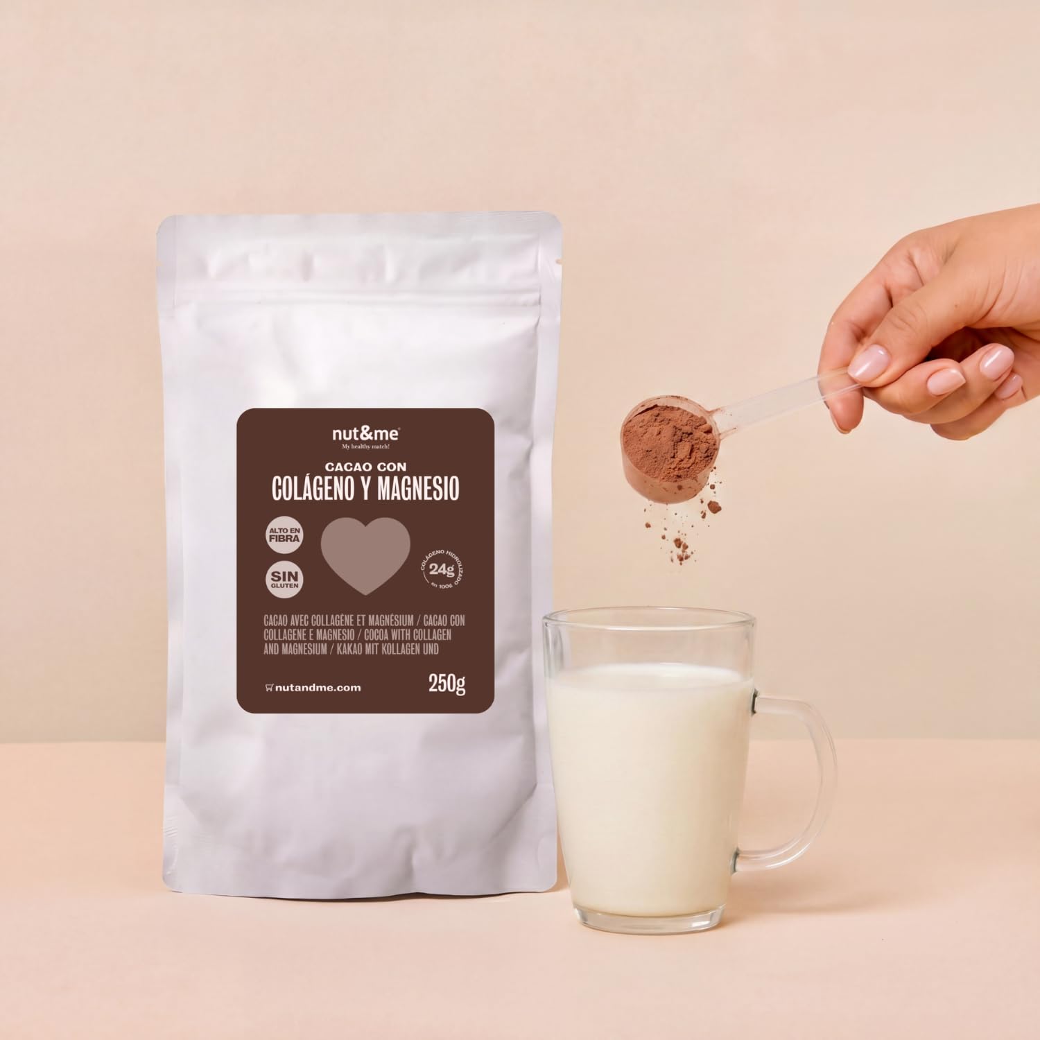 Nut&me Cacao con colágeno y magnesio 250 gr, alto en magnesio, hierro, potasio, keto, sin gluten
