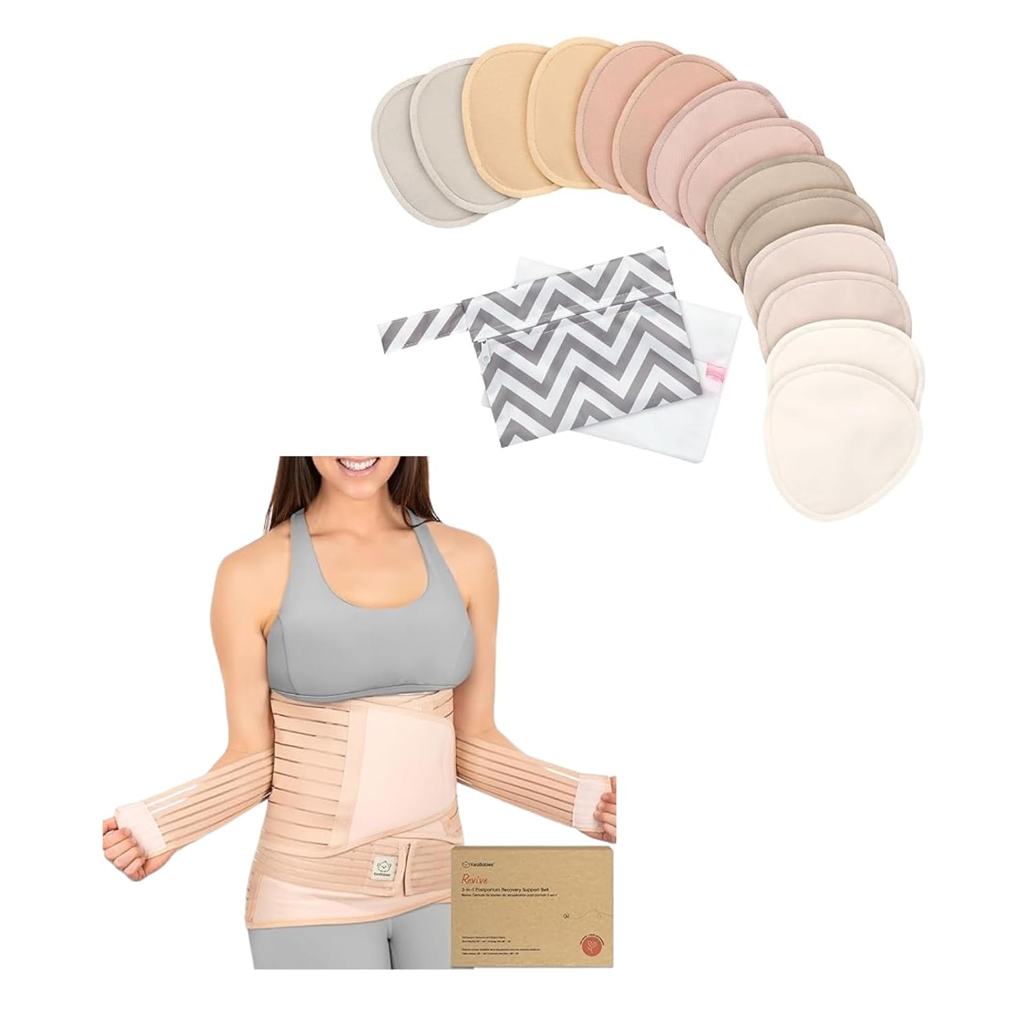Keababies Nursing Pads Breast Pads for Breastfeeding and 3in1 Postpartum Belly Support Recovery Wrap - Nursing Bra Nipple Pads for Breastfeeding - Postpartum Belly Band