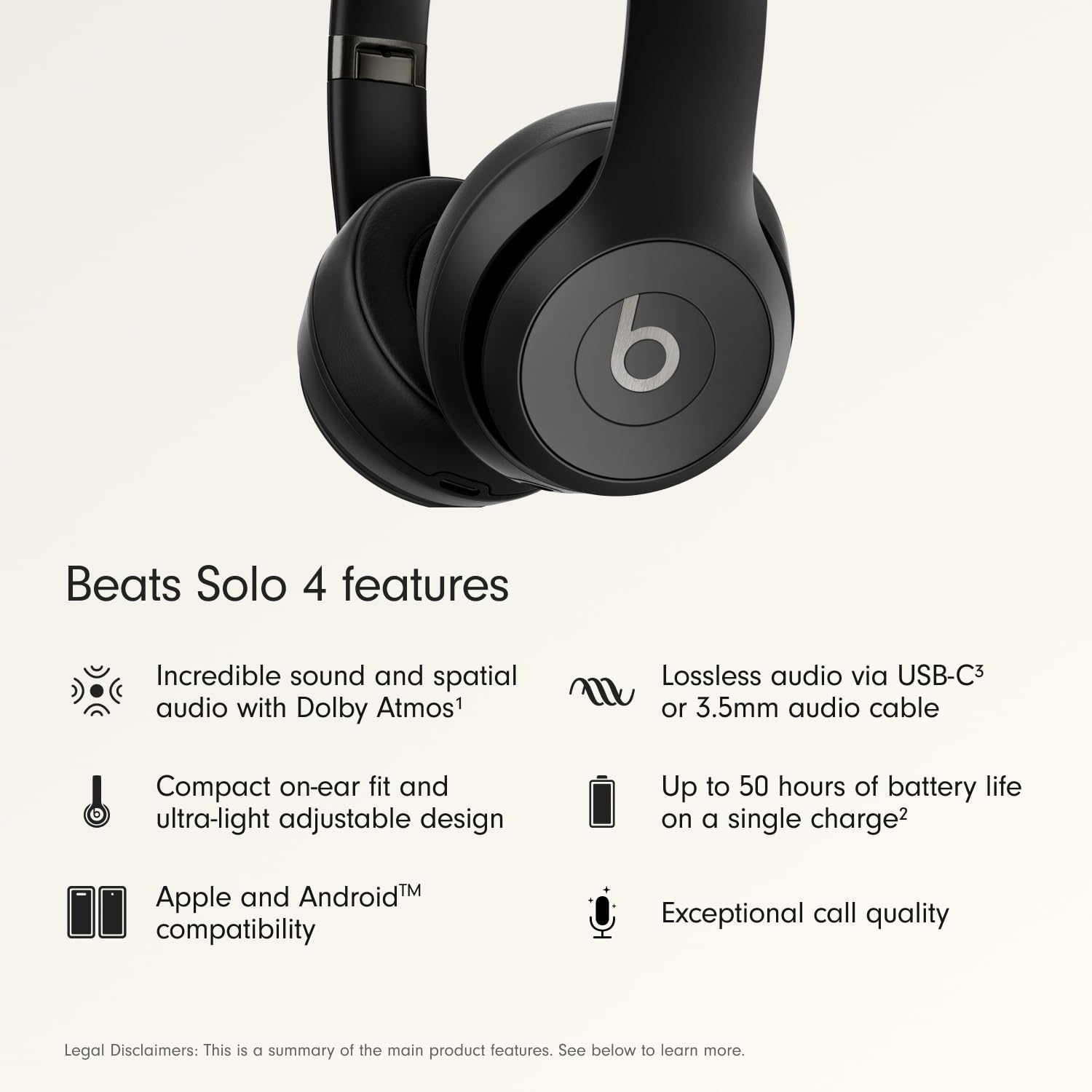 Beats Solo 4 – Wireless Bluetooth On-Ear Headphones, Apple & Android Compatible, Up to 50 hours of Battery Life – Matte Black - 2