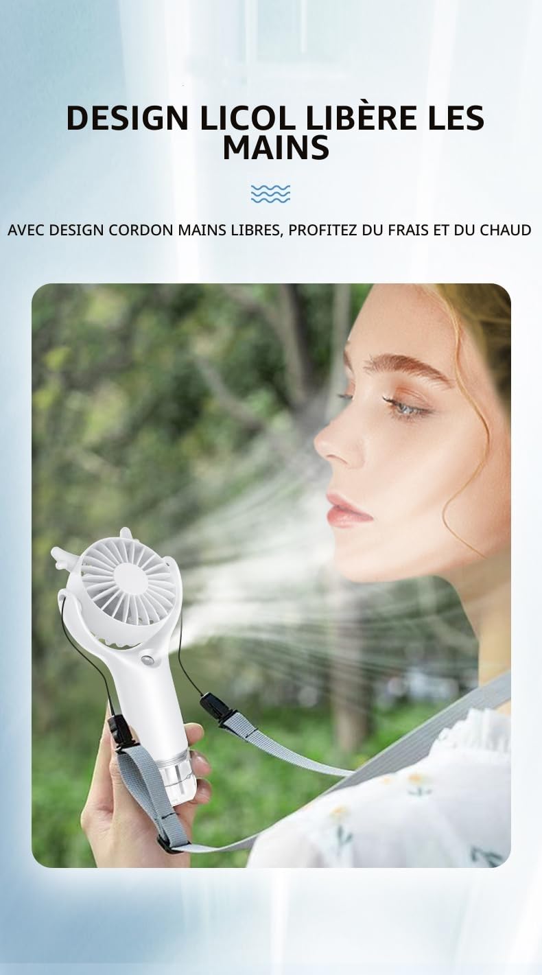 ERUW Ventilateur de poche avec brume d'eau, mini ventilateur portable, petit ventilateur USB rechargeable avec 3 vitesses pour bureau, chambre, extérieur, voyage (blanc)