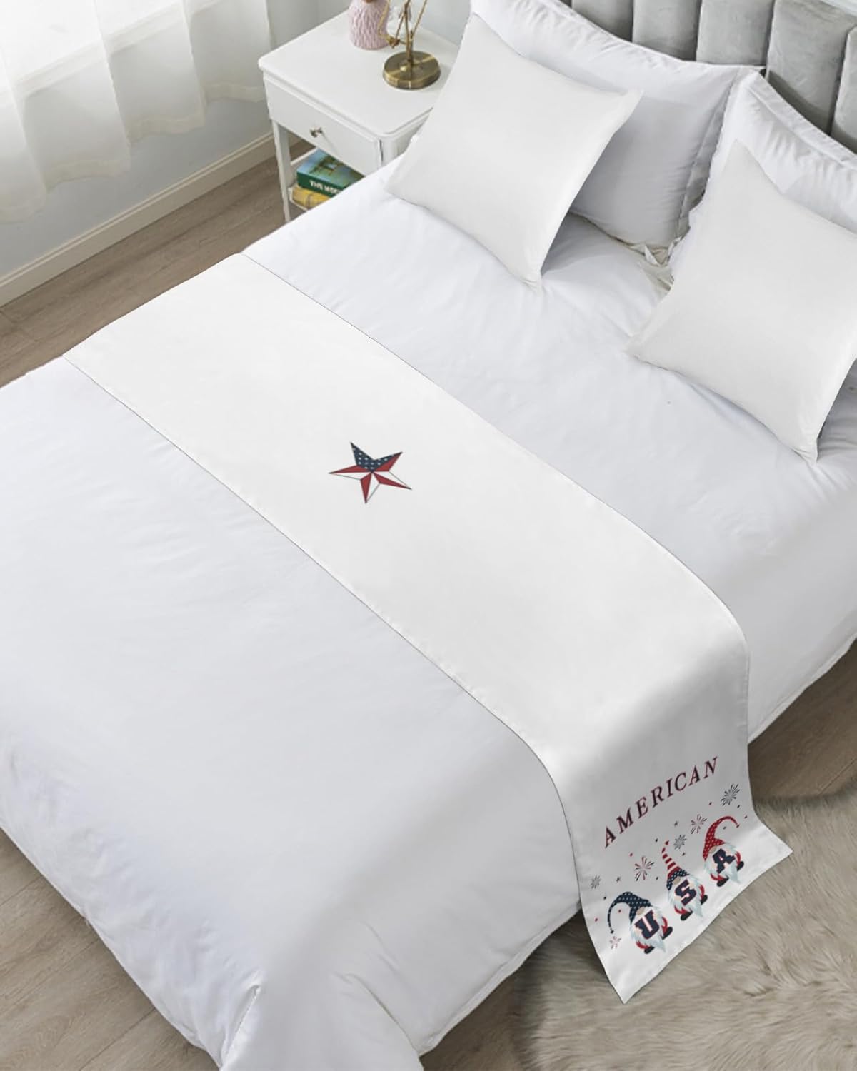 Bed Runner Scarf Independence Day American Dwarf Pentagram Celebration Bedding Scarf Decorative Bed Runners Cover for Home Bedroom Hotel Wedding Room Bed Scarf for Foot of Bed King 102x20in