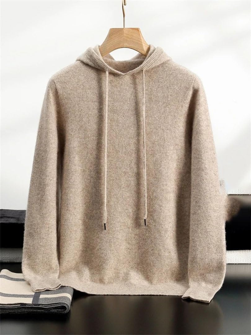 Men's Cashmere Sweater Hooded Pullover Thick Fall Winter Long Sleeve 100 Percent Cashmere Solid Warm Casual Clothes