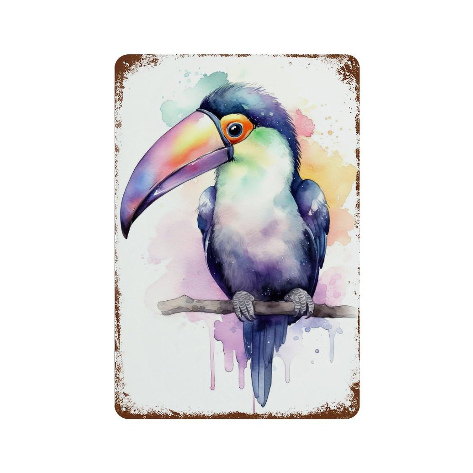 Watercolor Baby Toucan Weathered Tin Sign 11.8"x7.9", Vintage Wall Decor for Garage, Pub Or Kitchen
