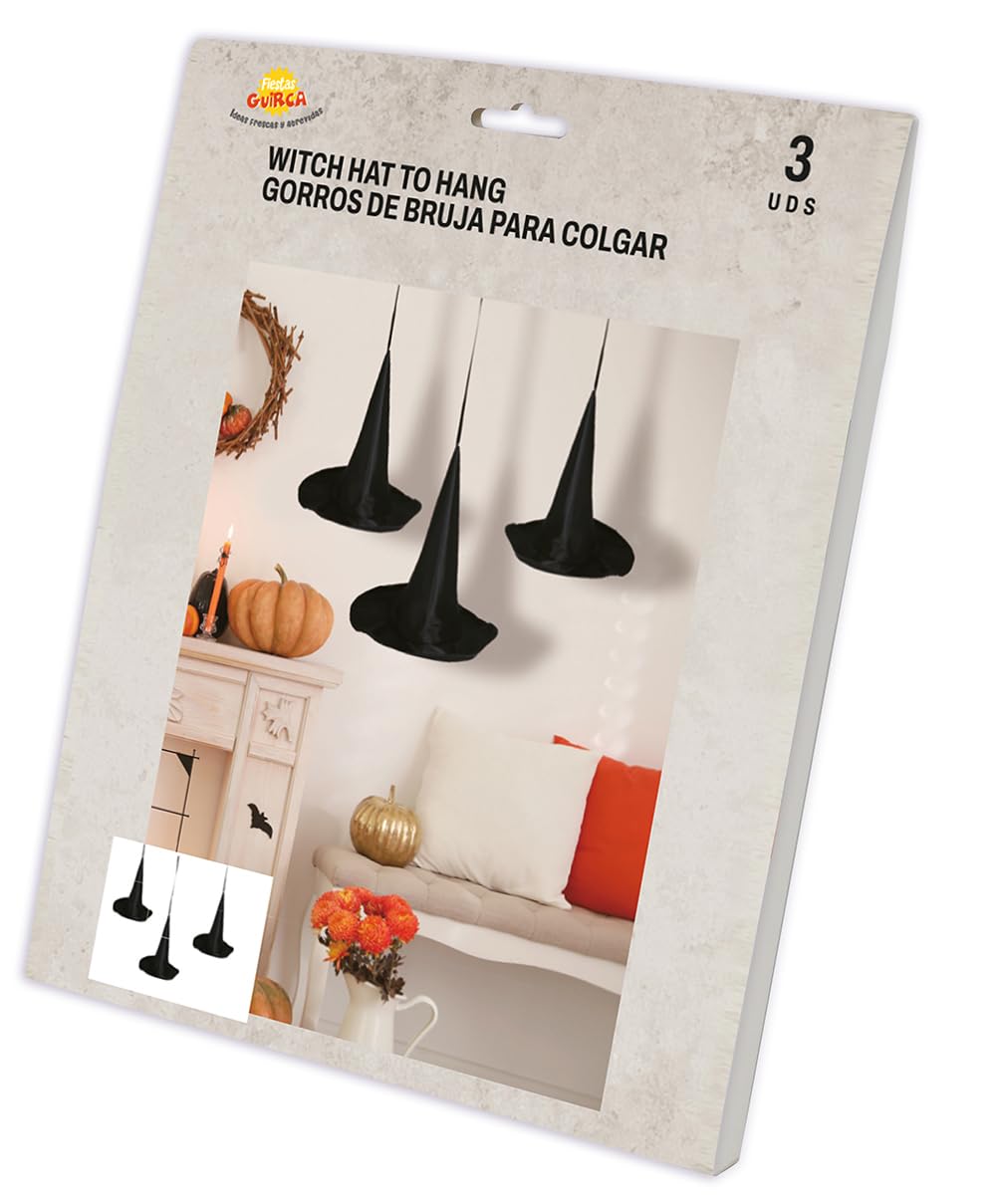 FIESTAS GUIRCA | Set of 3 Hanging Witch Hats (18 cm) - Spooky Decoration for Halloween Parties and Witch Celebrations - Ideal Props for Terrifying Environments - Black