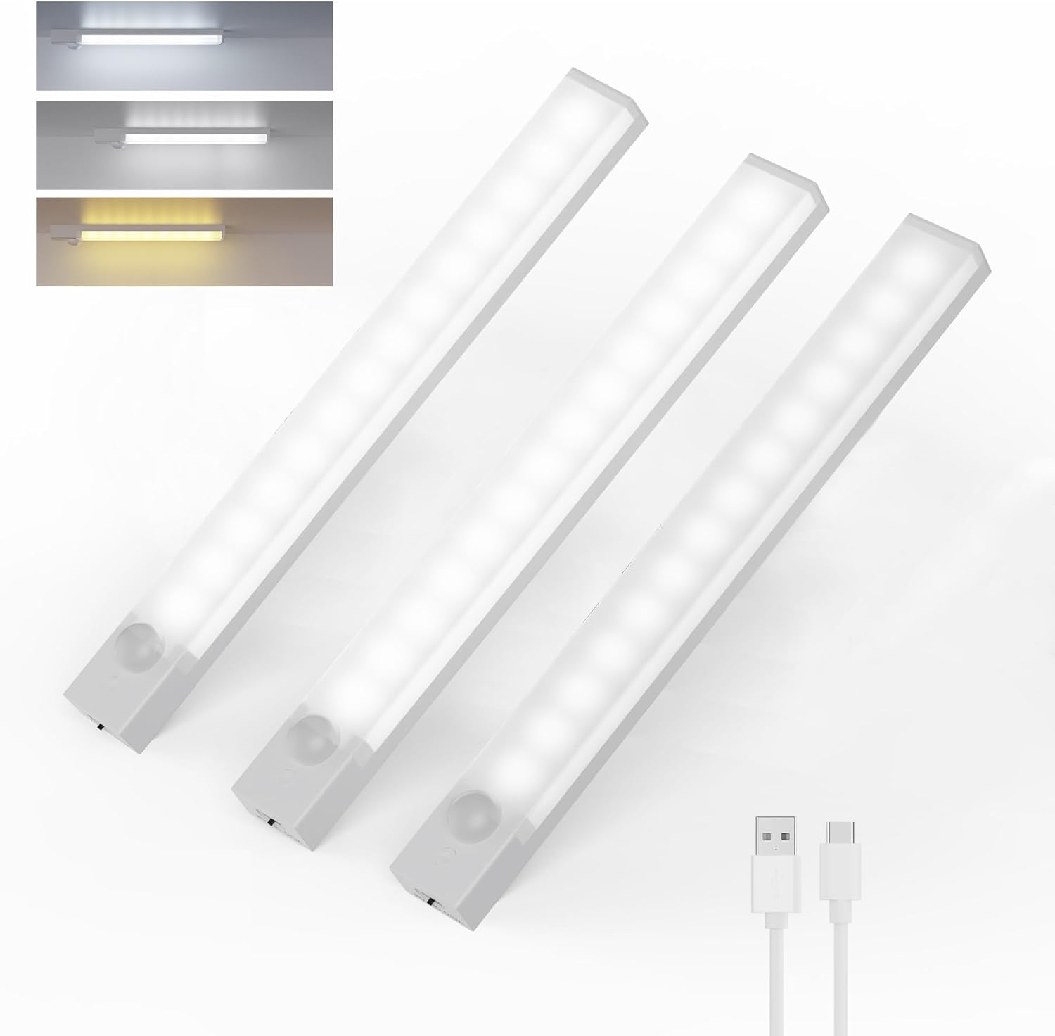 Rihvy 3-Pack 8-Inch Rechargeable Motion Sensor Under Cabinet Lights - 3 Color Dimmable Magnetic LED for Kitchen Closet Stairs