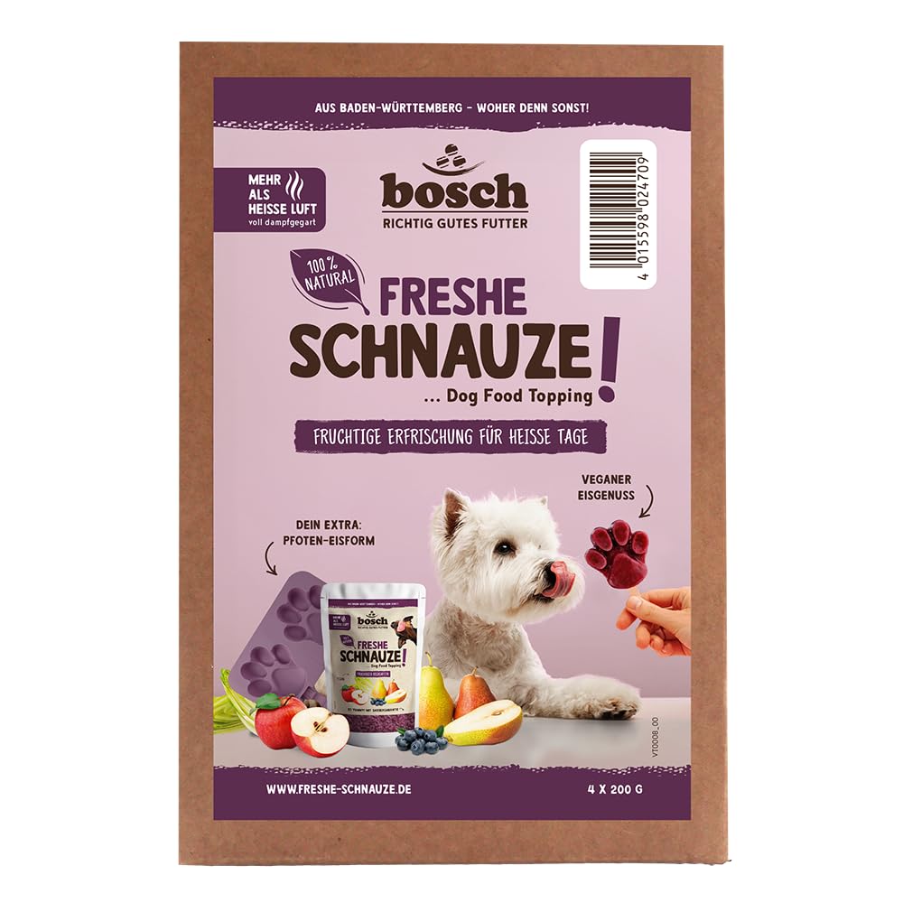 Bosch Freshe Schnauze - Aktionspaket Frucht | Hundeeis | 4 x 200 g + GRATIS Eisform für Hundeeis | Topping für Hundefutter | Für Trockenfutter und Nassfutter | mit frischen Äpfeln, Birnen & Blaubeeren