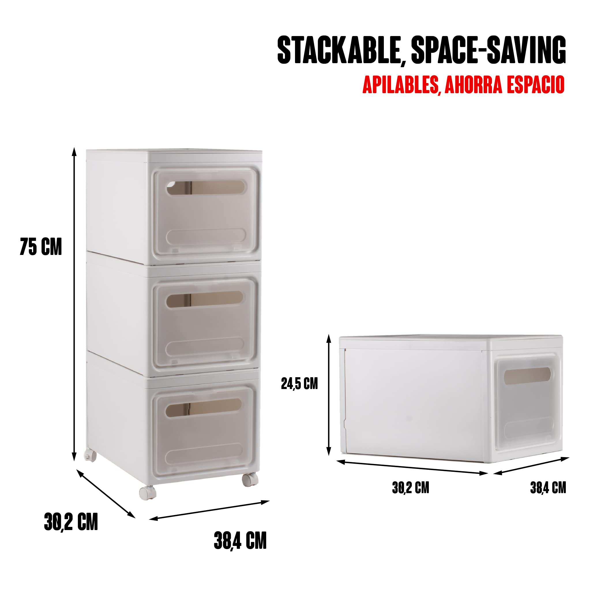 Cajas de Almacenaje Apilables con Tapa 3 Cajoneras de Plastico Organizador Estanterías con Ruedas Mueble Flexible Puntas Redondeadas Ahorra Espacio Tamaño Caja 38x38x25 Total 38x38x75