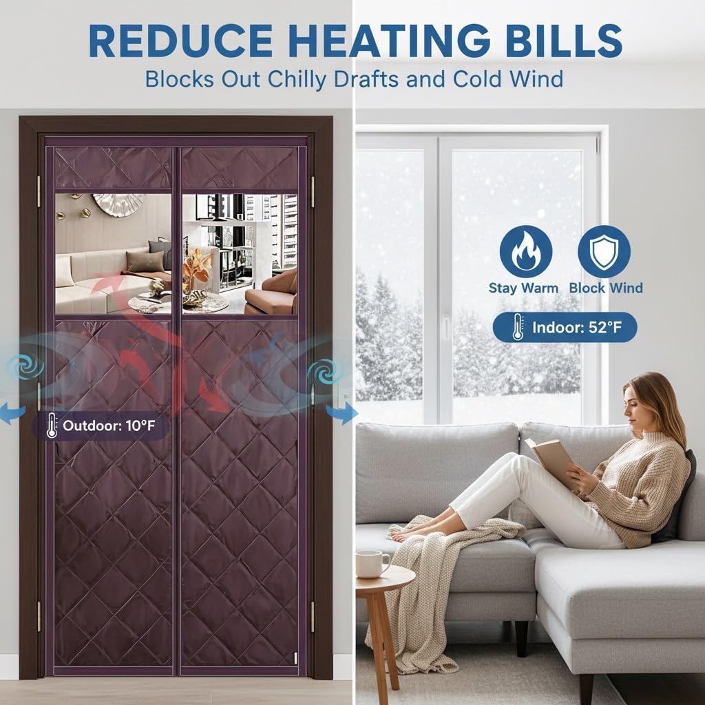 Magnetic Thermal Insulated Door Curtain with Visible Windows Blanket Insulation Cover for Winter 28" 36" 38" 40" 52" Oxford Cloth Thicken Cotton to Keep House Warm to Soundproof(Brown,38x82inch)