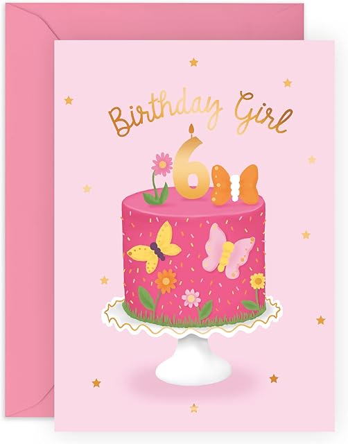 Central 23 Sixth Birthday Card for Girls - Happy 6th Birthday Card - Age 6 - Six Year Old - Pink Butterfly for Kids - Daughter - Granddaughter - Comes With Fun Stickers