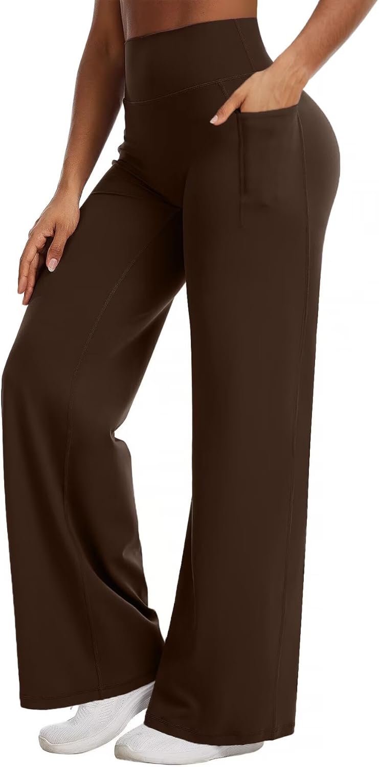 Flamingals Straight Leggings Wide Leg Yoga Pants with Pockets for Women High Waisted Hidden Scrunch Workout 31.5" Pants